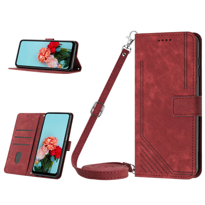 ELECTROPRIME For iPhone 15 Skin Feel Stripe Pattern Leather Phone Case with Lanyard(Red)