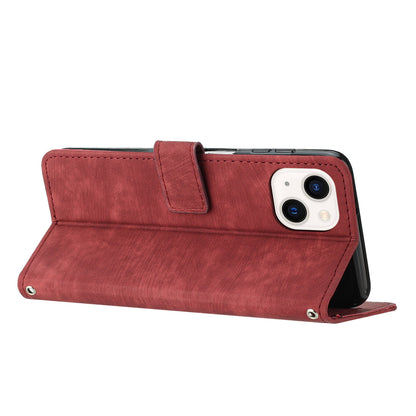 ELECTROPRIME For iPhone 15 Skin Feel Stripe Pattern Leather Phone Case with Lanyard(Red)