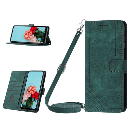 ELECTROPRIME For iPhone 15 Skin Feel Stripe Pattern Leather Phone Case with Lanyard(Green)
