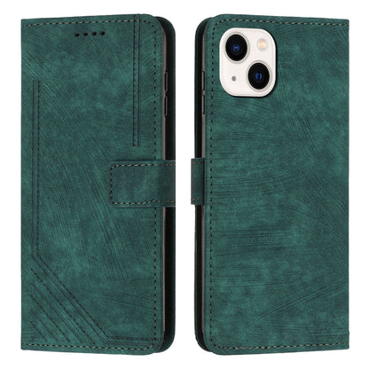 ELECTROPRIME For iPhone 15 Skin Feel Stripe Pattern Leather Phone Case with Lanyard(Green)