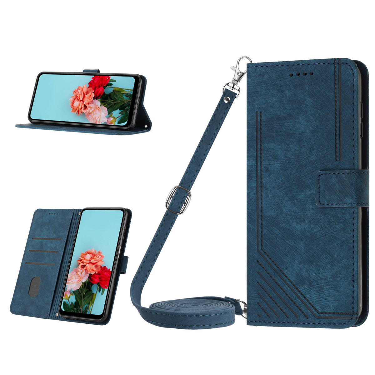 ELECTROPRIME For iPhone 15 Skin Feel Stripe Pattern Leather Phone Case with Lanyard(Blue)