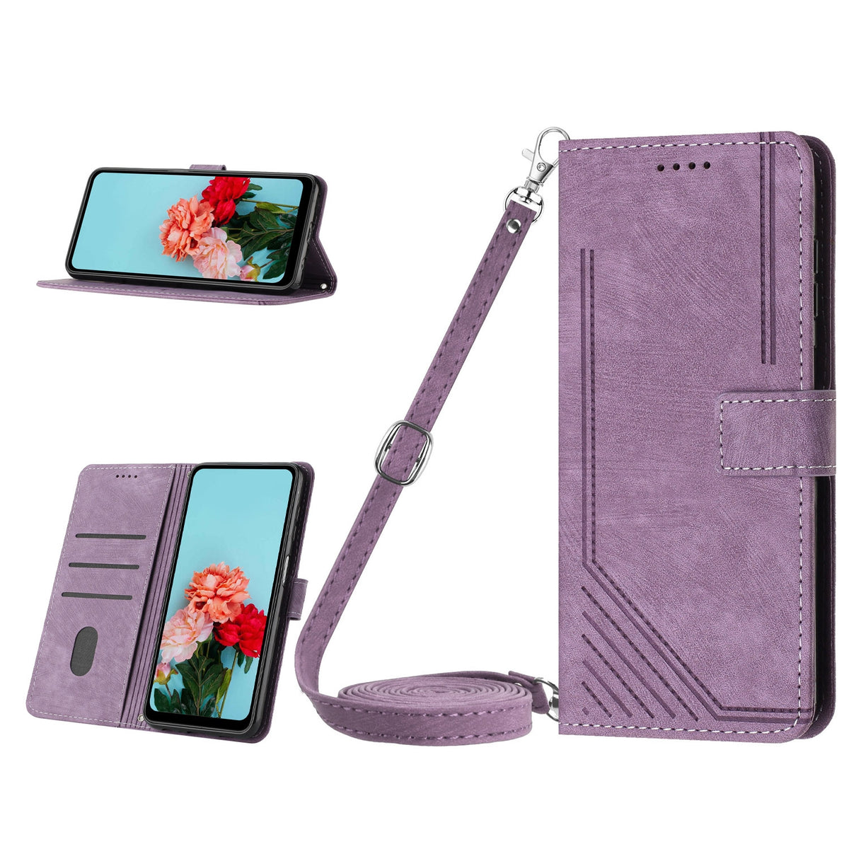 ELECTROPRIME For iPhone 15 Skin Feel Stripe Pattern Leather Phone Case with Lanyard(Purple)
