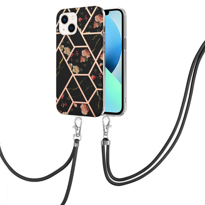 ELECTROPRIME For iPhone 15 Electroplating Splicing Marble Flower Pattern TPU Shockproof Case with Lanyard(Black Flower)