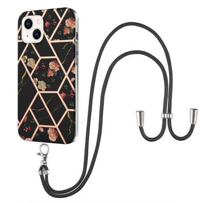 ELECTROPRIME For iPhone 15 Electroplating Splicing Marble Flower Pattern TPU Shockproof Case with Lanyard(Black Flower)