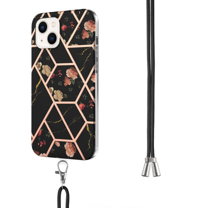 ELECTROPRIME For iPhone 15 Electroplating Splicing Marble Flower Pattern TPU Shockproof Case with Lanyard(Black Flower)