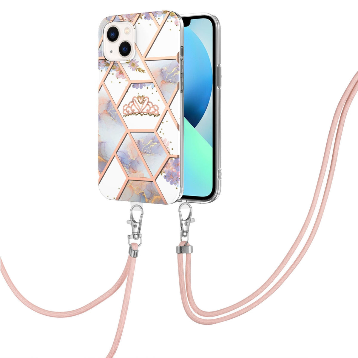 ELECTROPRIME For iPhone 15 Electroplating Splicing Marble Flower Pattern TPU Shockproof Case with Lanyard(Imperial Crown)