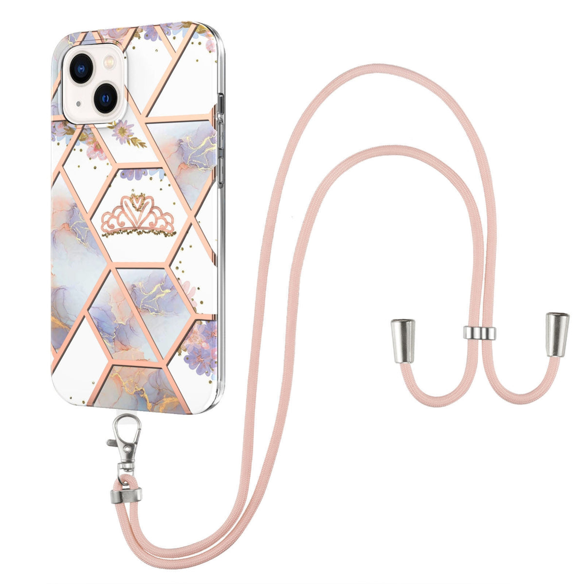 ELECTROPRIME For iPhone 15 Electroplating Splicing Marble Flower Pattern TPU Shockproof Case with Lanyard(Imperial Crown)