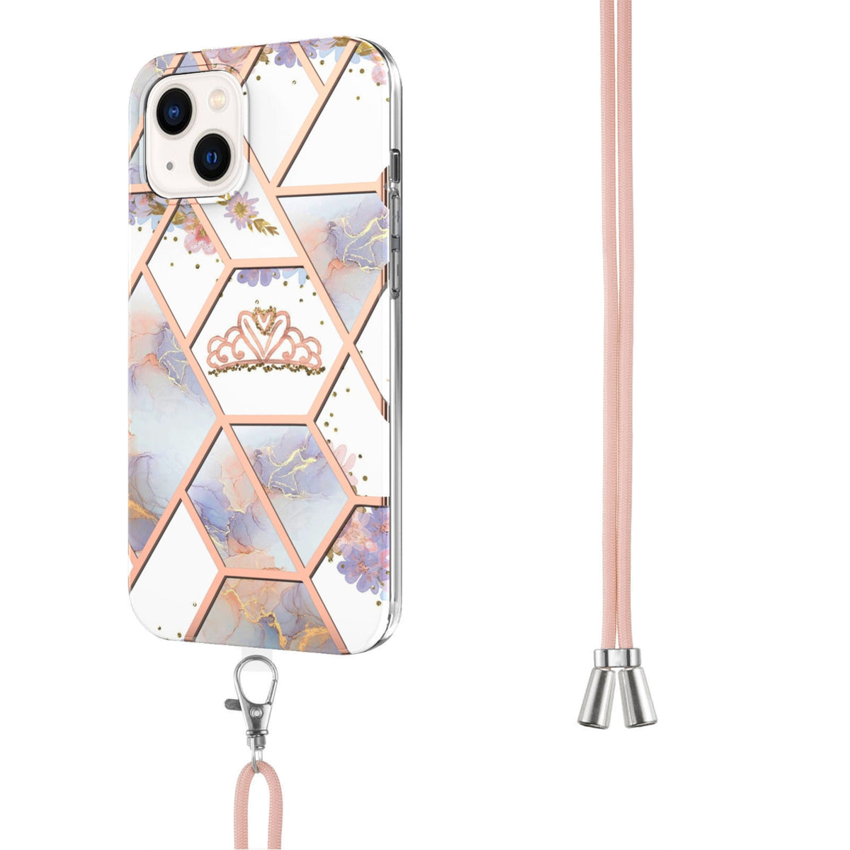 ELECTROPRIME For iPhone 15 Electroplating Splicing Marble Flower Pattern TPU Shockproof Case with Lanyard(Imperial Crown)