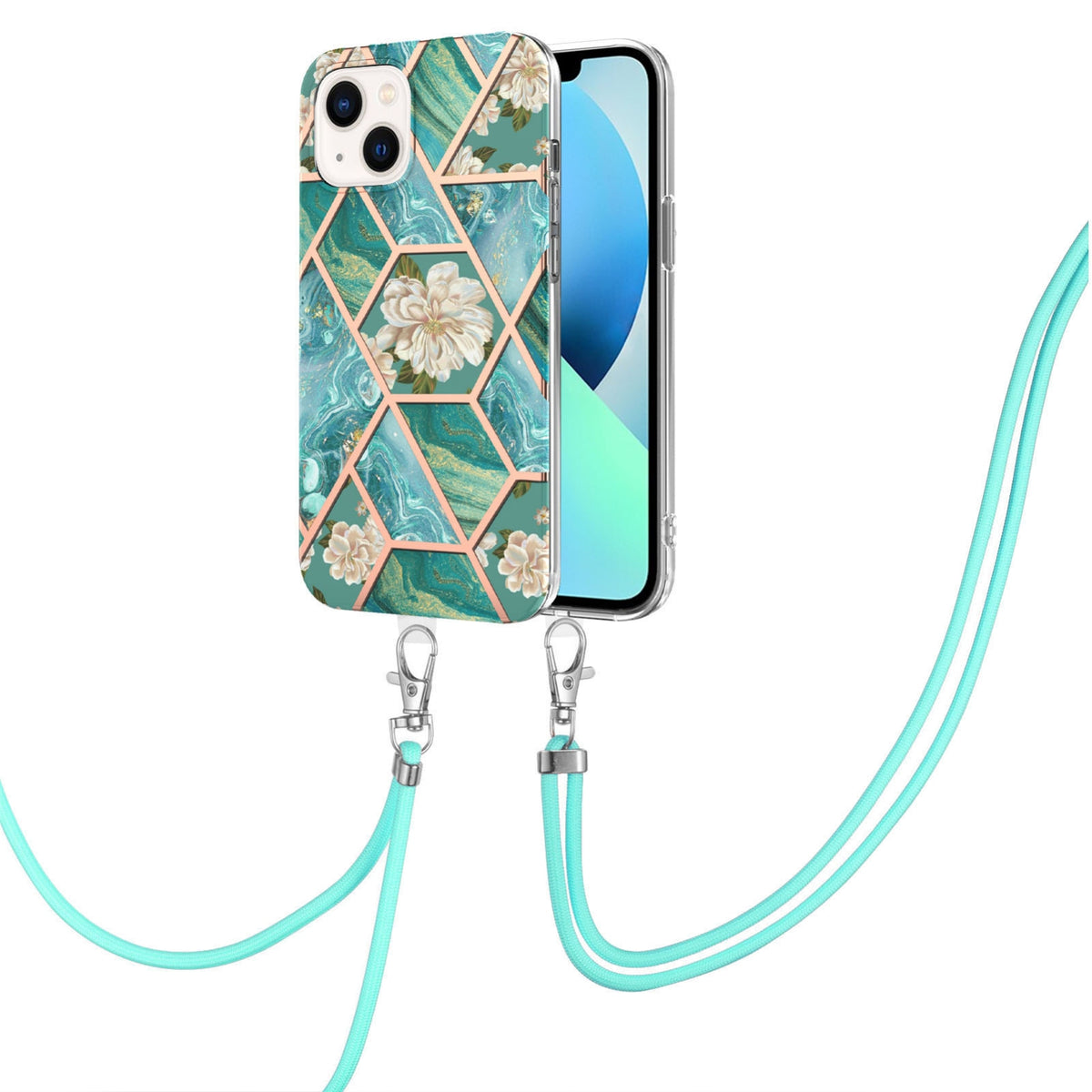 ELECTROPRIME For iPhone 15 Electroplating Splicing Marble Flower Pattern TPU Shockproof Case with Lanyard(Blue Flower)