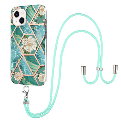 ELECTROPRIME For iPhone 15 Electroplating Splicing Marble Flower Pattern TPU Shockproof Case with Lanyard(Blue Flower)