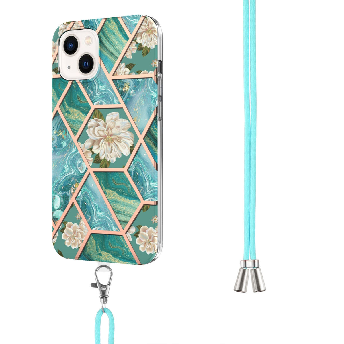 ELECTROPRIME For iPhone 15 Electroplating Splicing Marble Flower Pattern TPU Shockproof Case with Lanyard(Blue Flower)