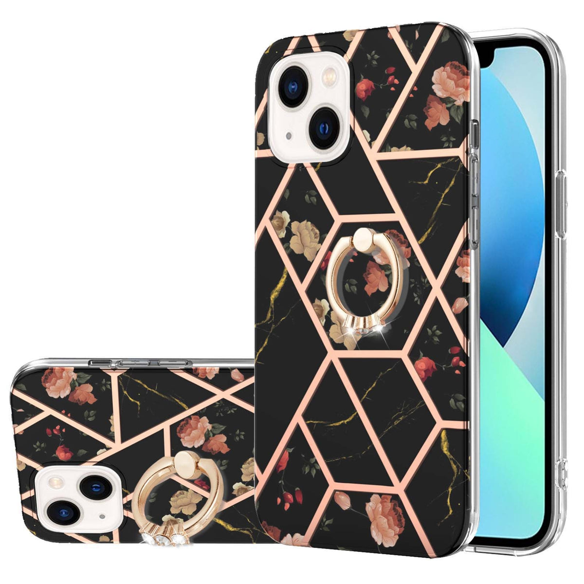 ELECTROPRIME For iPhone 15 Electroplating Splicing Marble Flower Pattern TPU Shockproof Case with Rhinestone Ring Holder(Black Flower)