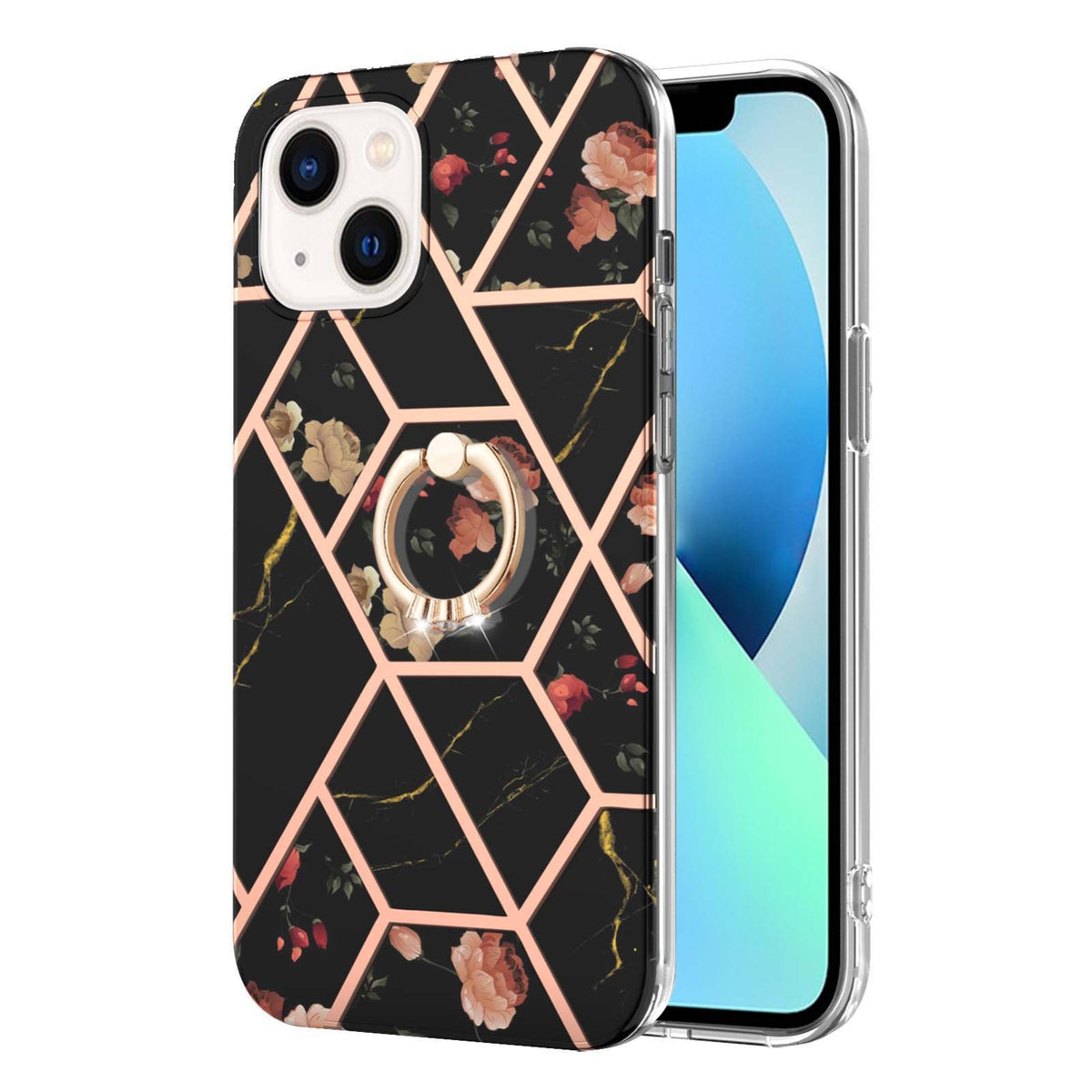 ELECTROPRIME For iPhone 15 Electroplating Splicing Marble Flower Pattern TPU Shockproof Case with Rhinestone Ring Holder(Black Flower)