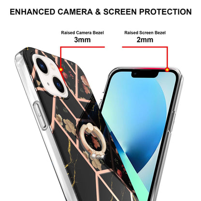 ELECTROPRIME For iPhone 15 Electroplating Splicing Marble Flower Pattern TPU Shockproof Case with Rhinestone Ring Holder(Black Flower)