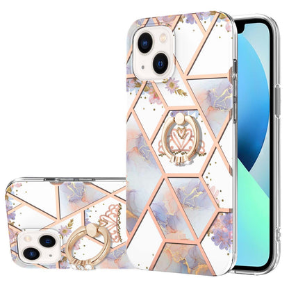 ELECTROPRIME For iPhone 15 Electroplating Splicing Marble Flower Pattern TPU Shockproof Case with Rhinestone Ring Holder(Imperial Crown)