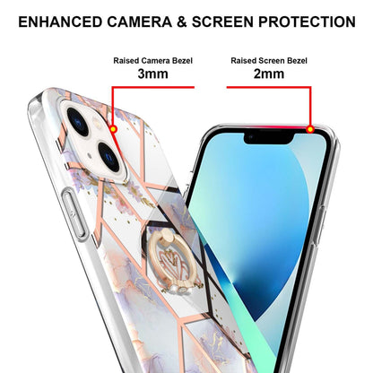 ELECTROPRIME For iPhone 15 Electroplating Splicing Marble Flower Pattern TPU Shockproof Case with Rhinestone Ring Holder(Imperial Crown)