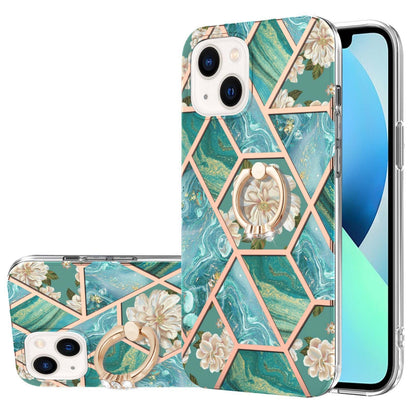 ELECTROPRIME For iPhone 15 Electroplating Splicing Marble Flower Pattern TPU Shockproof Case with Rhinestone Ring Holder(Blue Flower)