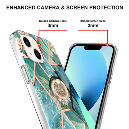 ELECTROPRIME For iPhone 15 Electroplating Splicing Marble Flower Pattern TPU Shockproof Case with Rhinestone Ring Holder(Blue Flower)