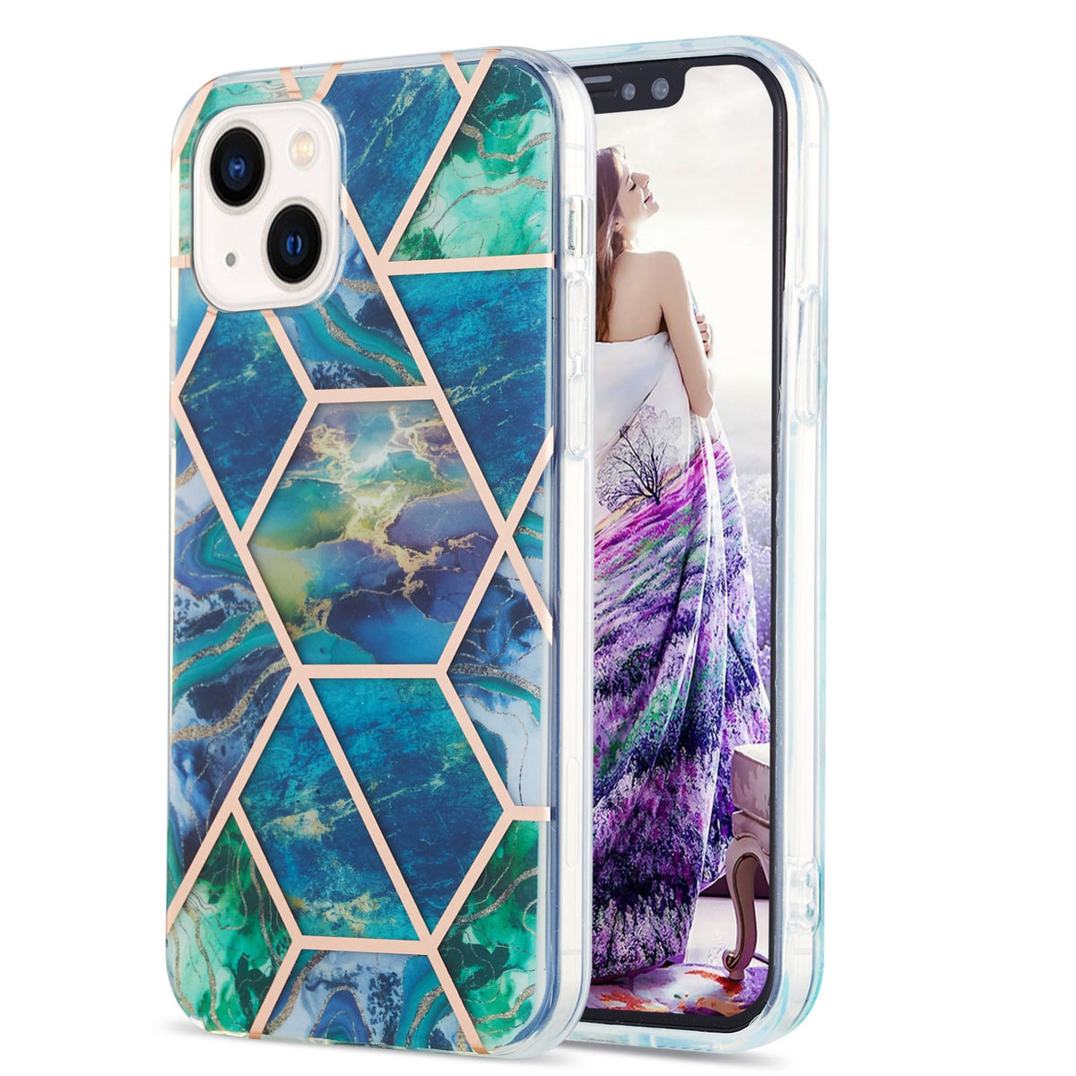 ELECTROPRIME For iPhone 15 Electroplating Splicing Marble Flower Pattern Dual-side IMD TPU Shockproof Phone Case(Blue Green)
