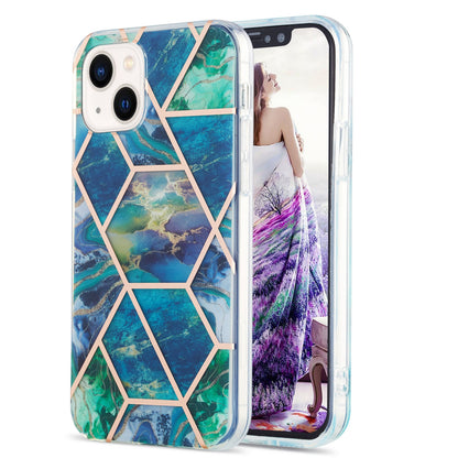 ELECTROPRIME For iPhone 15 Electroplating Splicing Marble Flower Pattern Dual-side IMD TPU Shockproof Phone Case(Blue Green)