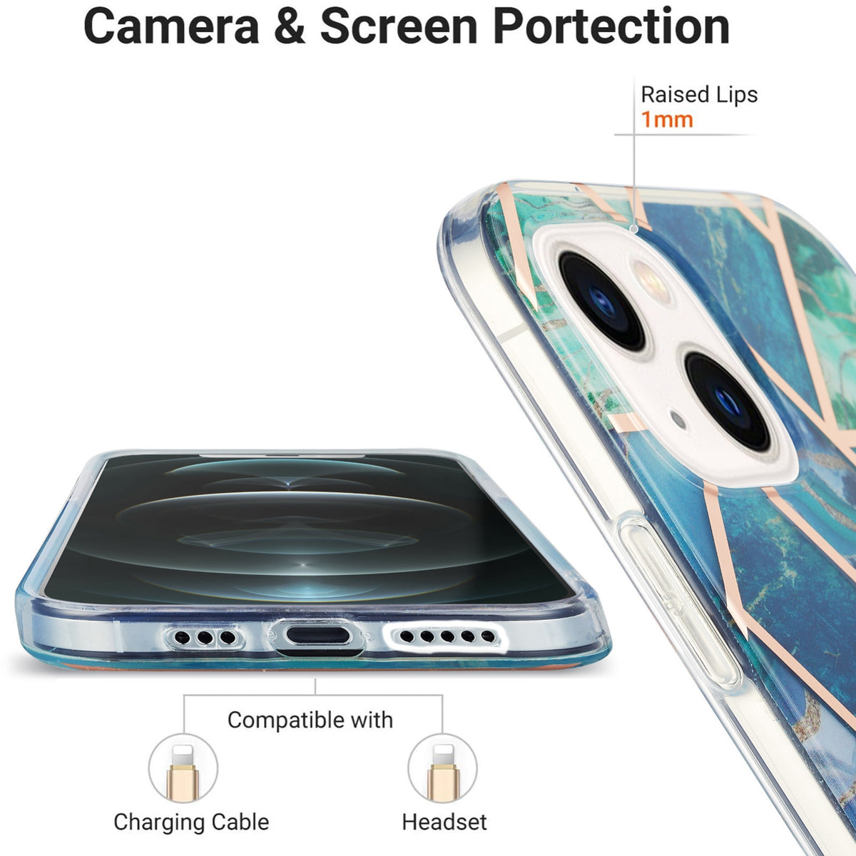 ELECTROPRIME For iPhone 15 Electroplating Splicing Marble Flower Pattern Dual-side IMD TPU Shockproof Phone Case(Blue Green)