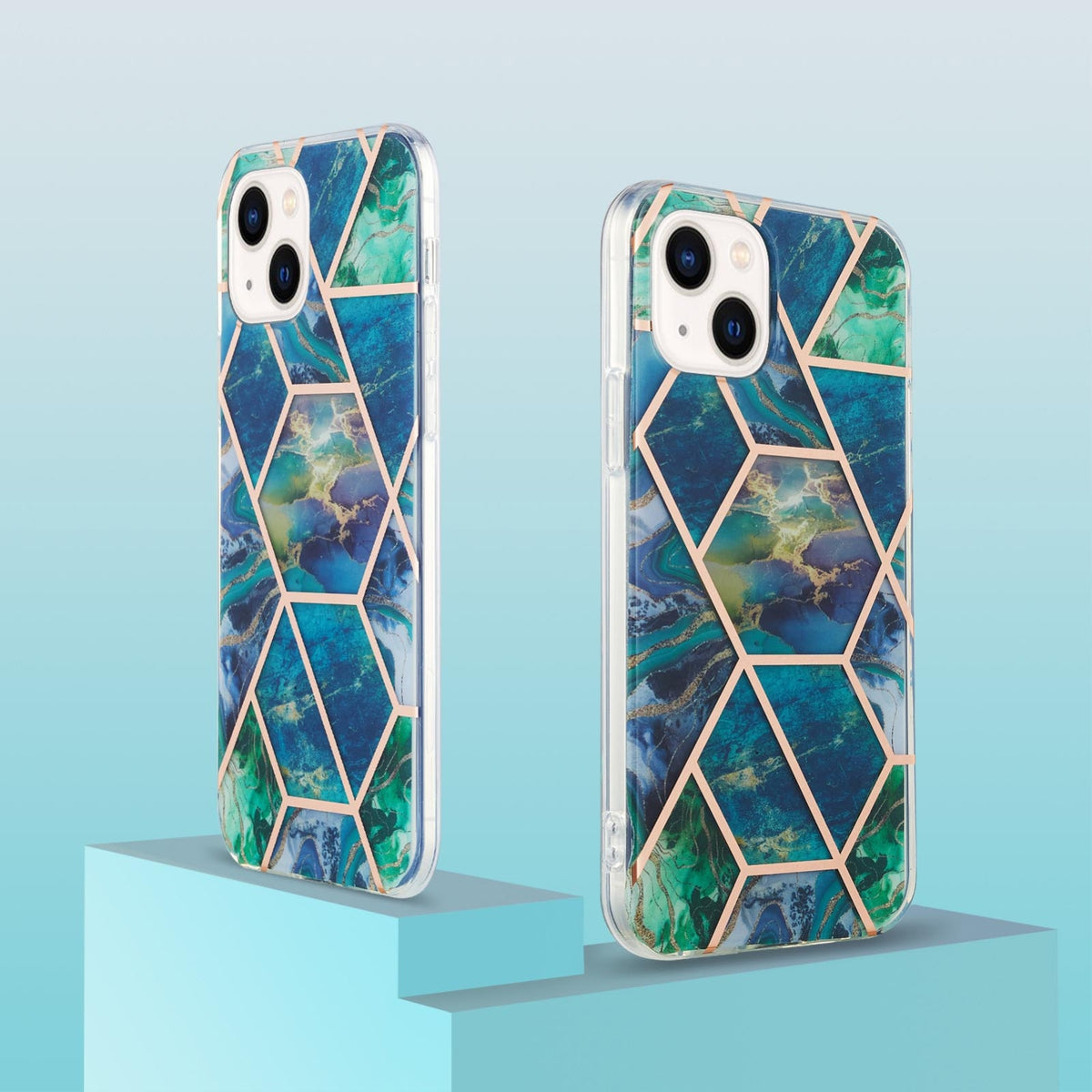 ELECTROPRIME For iPhone 15 Electroplating Splicing Marble Flower Pattern Dual-side IMD TPU Shockproof Phone Case(Blue Green)