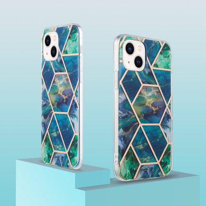 ELECTROPRIME For iPhone 15 Electroplating Splicing Marble Flower Pattern Dual-side IMD TPU Shockproof Phone Case(Blue Green)