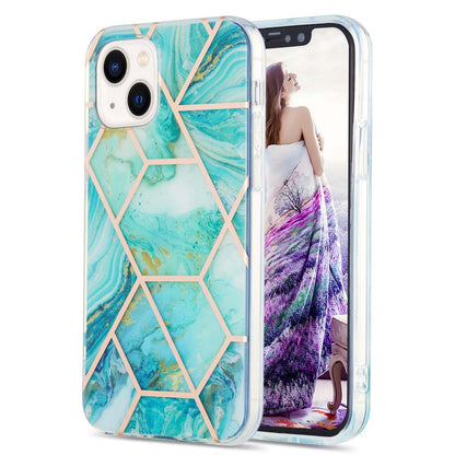 ELECTROPRIME For iPhone 15 Electroplating Splicing Marble Flower Pattern Dual-side IMD TPU Shockproof Phone Case(Blue)
