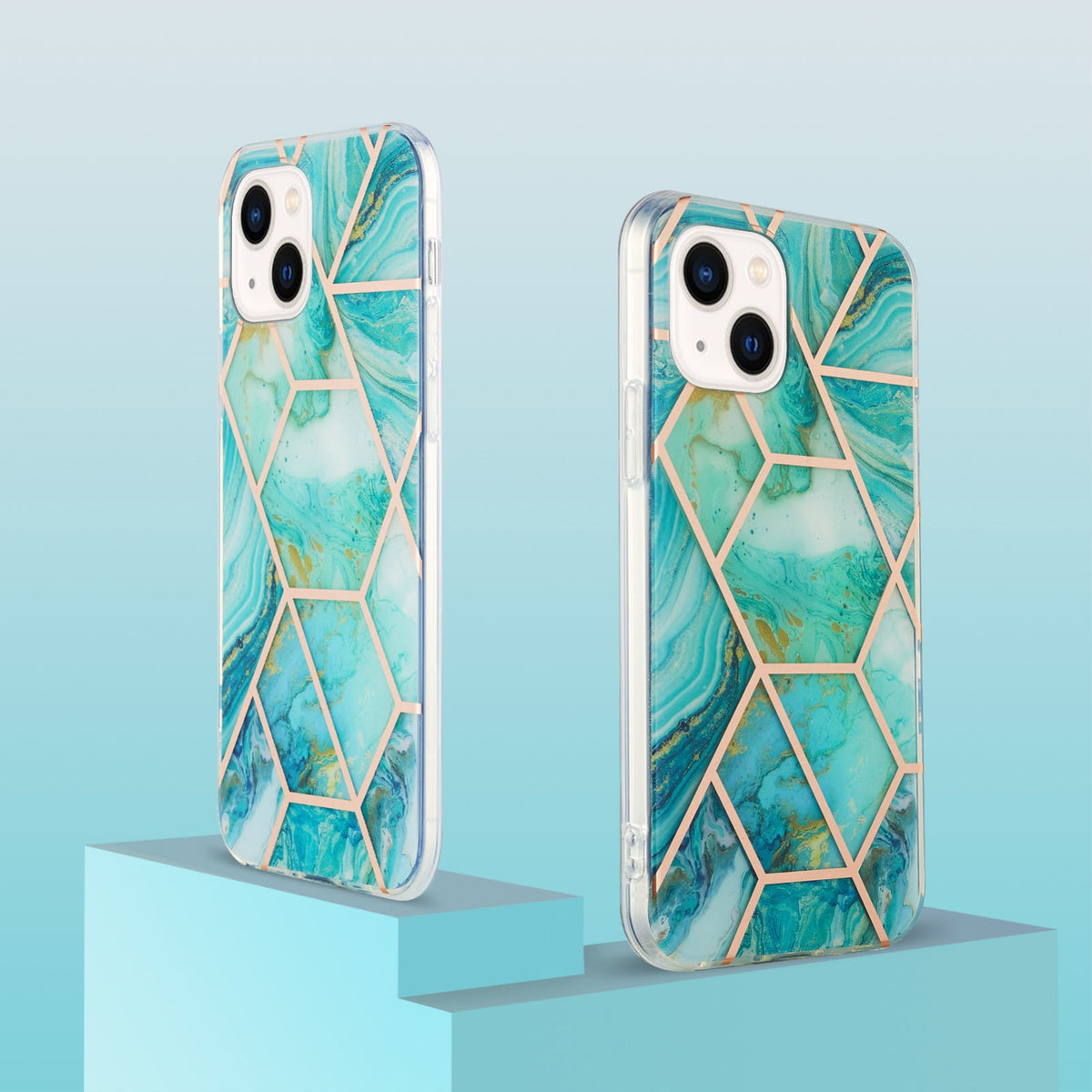 ELECTROPRIME For iPhone 15 Electroplating Splicing Marble Flower Pattern Dual-side IMD TPU Shockproof Phone Case(Blue)