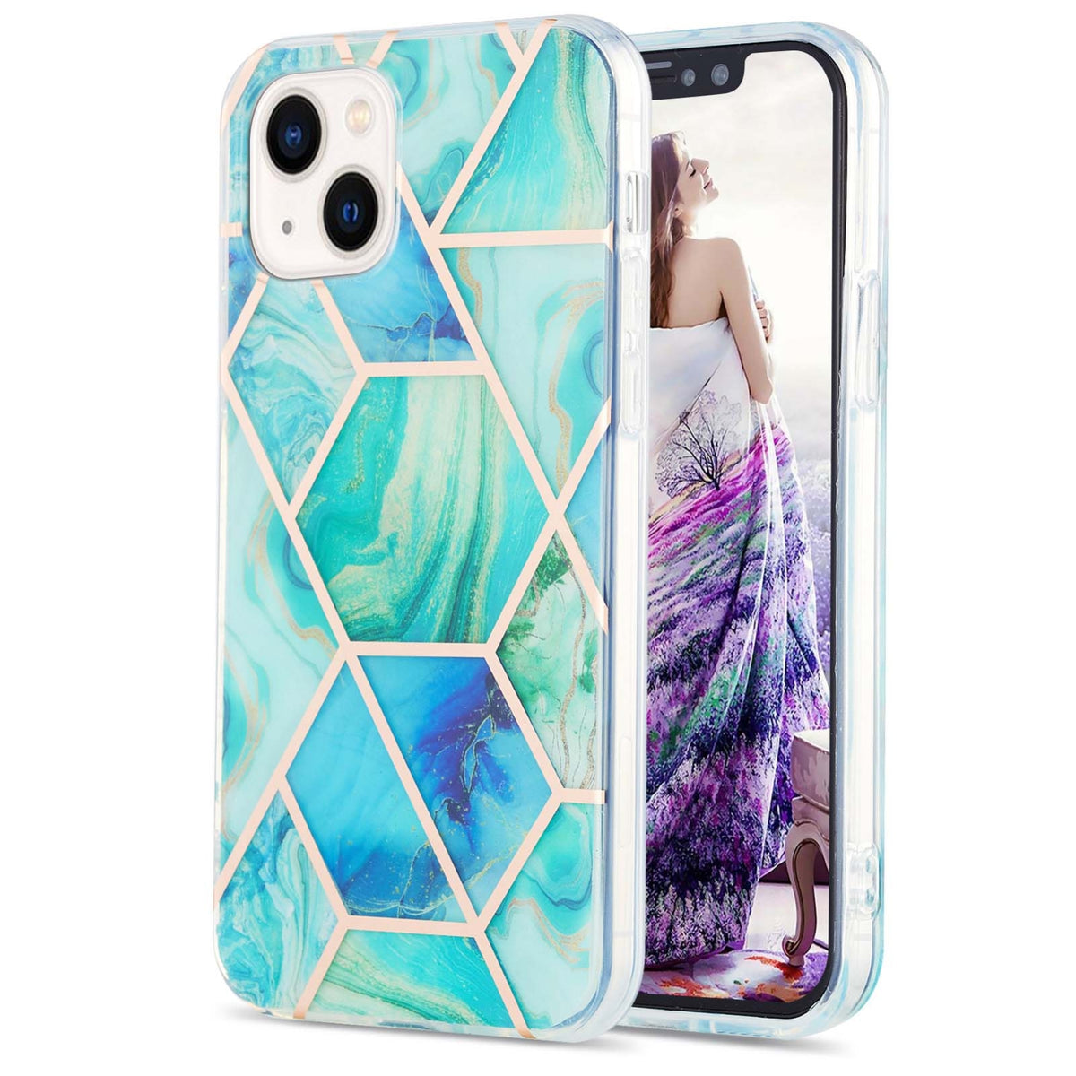 ELECTROPRIME For iPhone 15 Electroplating Splicing Marble Flower Pattern Dual-side IMD TPU Shockproof Phone Case(Green)