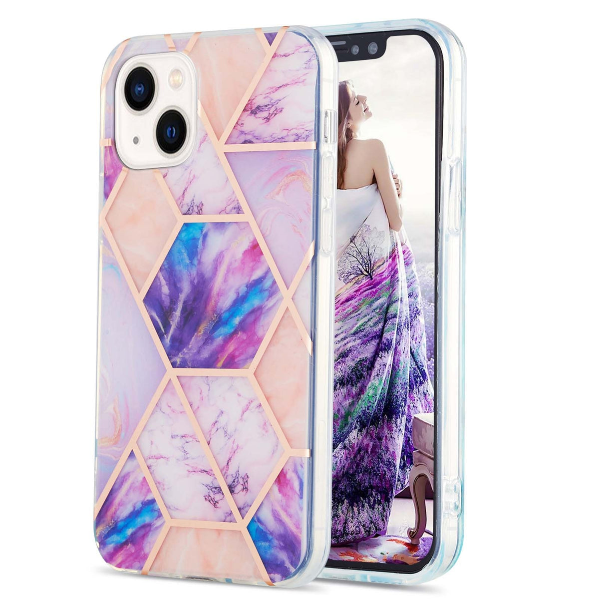 ELECTROPRIME For iPhone 15 Electroplating Splicing Marble Flower Pattern Dual-side IMD TPU Shockproof Phone Case(Light Purple)