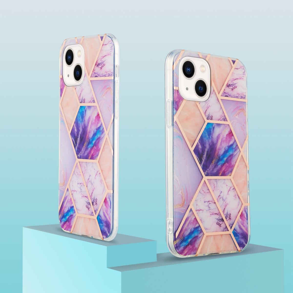ELECTROPRIME For iPhone 15 Electroplating Splicing Marble Flower Pattern Dual-side IMD TPU Shockproof Phone Case(Light Purple)
