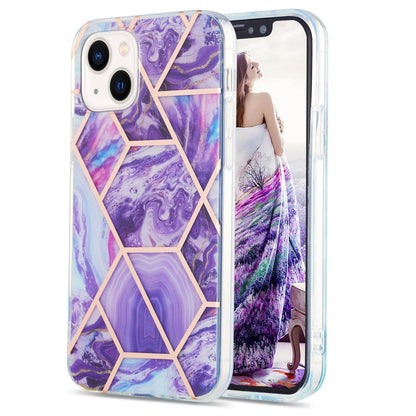 ELECTROPRIME For iPhone 15 Electroplating Splicing Marble Flower Pattern Dual-side IMD TPU Shockproof Phone Case(Dark Purple)