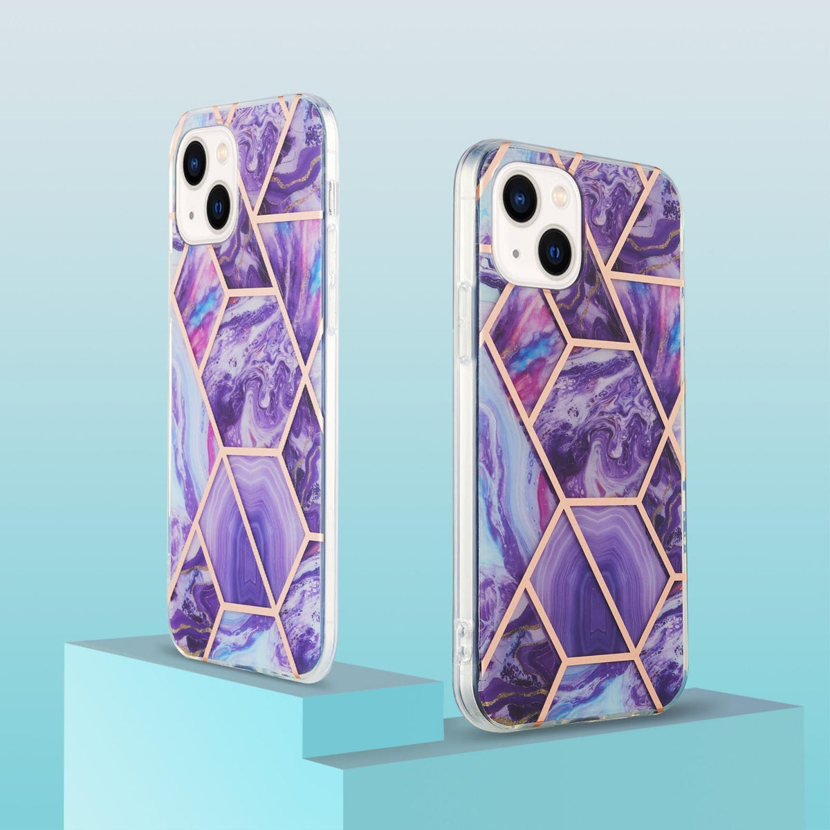 ELECTROPRIME For iPhone 15 Electroplating Splicing Marble Flower Pattern Dual-side IMD TPU Shockproof Phone Case(Dark Purple)