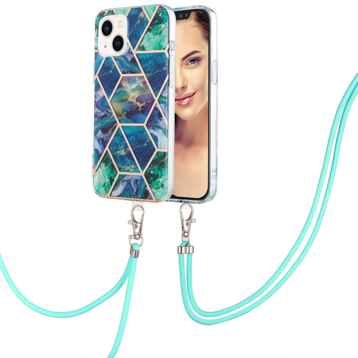 ELECTROPRIME For iPhone 15 Electroplating Splicing Marble Pattern IMD TPU Shockproof Case with Neck Lanyard(Blue Green)