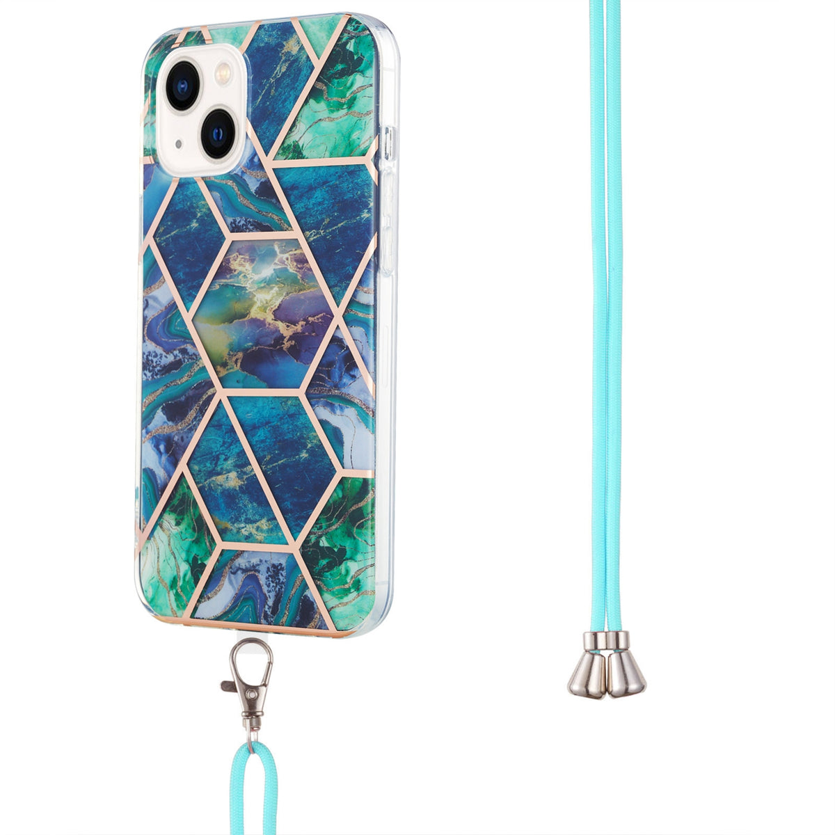 ELECTROPRIME For iPhone 15 Electroplating Splicing Marble Pattern IMD TPU Shockproof Case with Neck Lanyard(Blue Green)