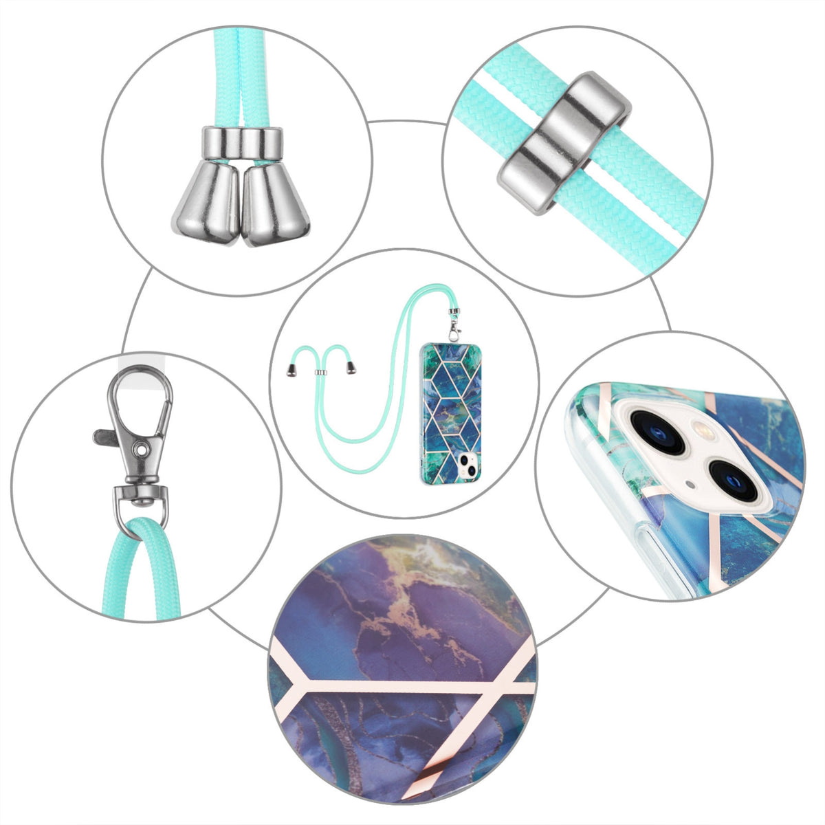 ELECTROPRIME For iPhone 15 Electroplating Splicing Marble Pattern IMD TPU Shockproof Case with Neck Lanyard(Blue Green)