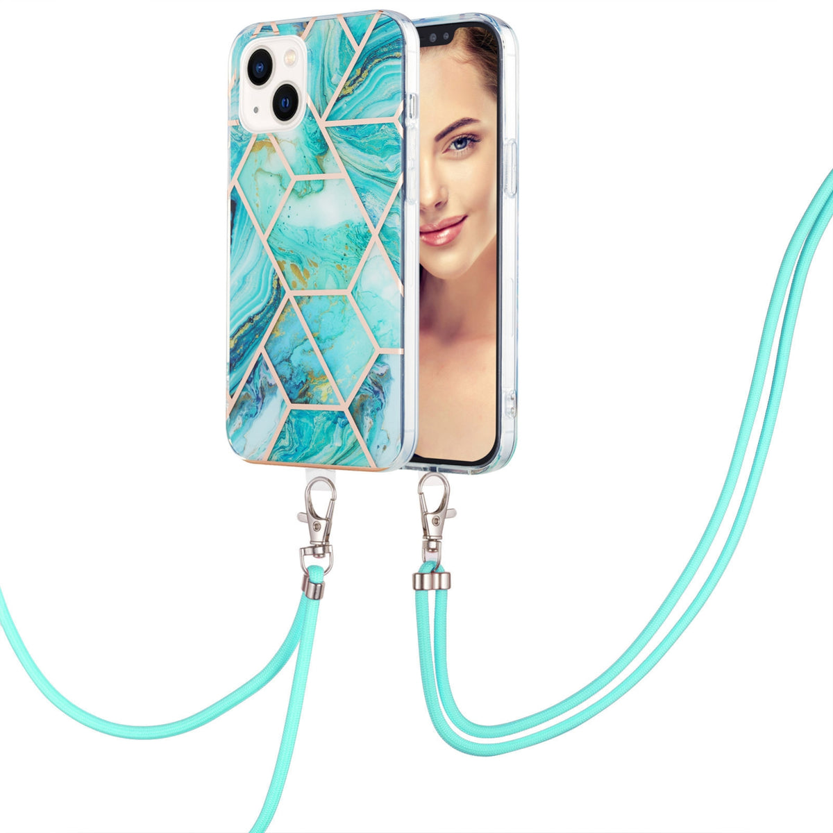 ELECTROPRIME For iPhone 15 Electroplating Splicing Marble Pattern IMD TPU Shockproof Case with Neck Lanyard(Blue)