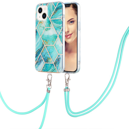 ELECTROPRIME For iPhone 15 Electroplating Splicing Marble Pattern IMD TPU Shockproof Case with Neck Lanyard(Blue)