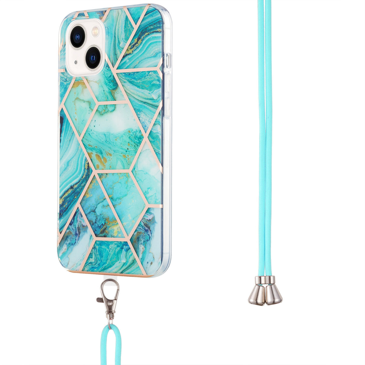 ELECTROPRIME For iPhone 15 Electroplating Splicing Marble Pattern IMD TPU Shockproof Case with Neck Lanyard(Blue)