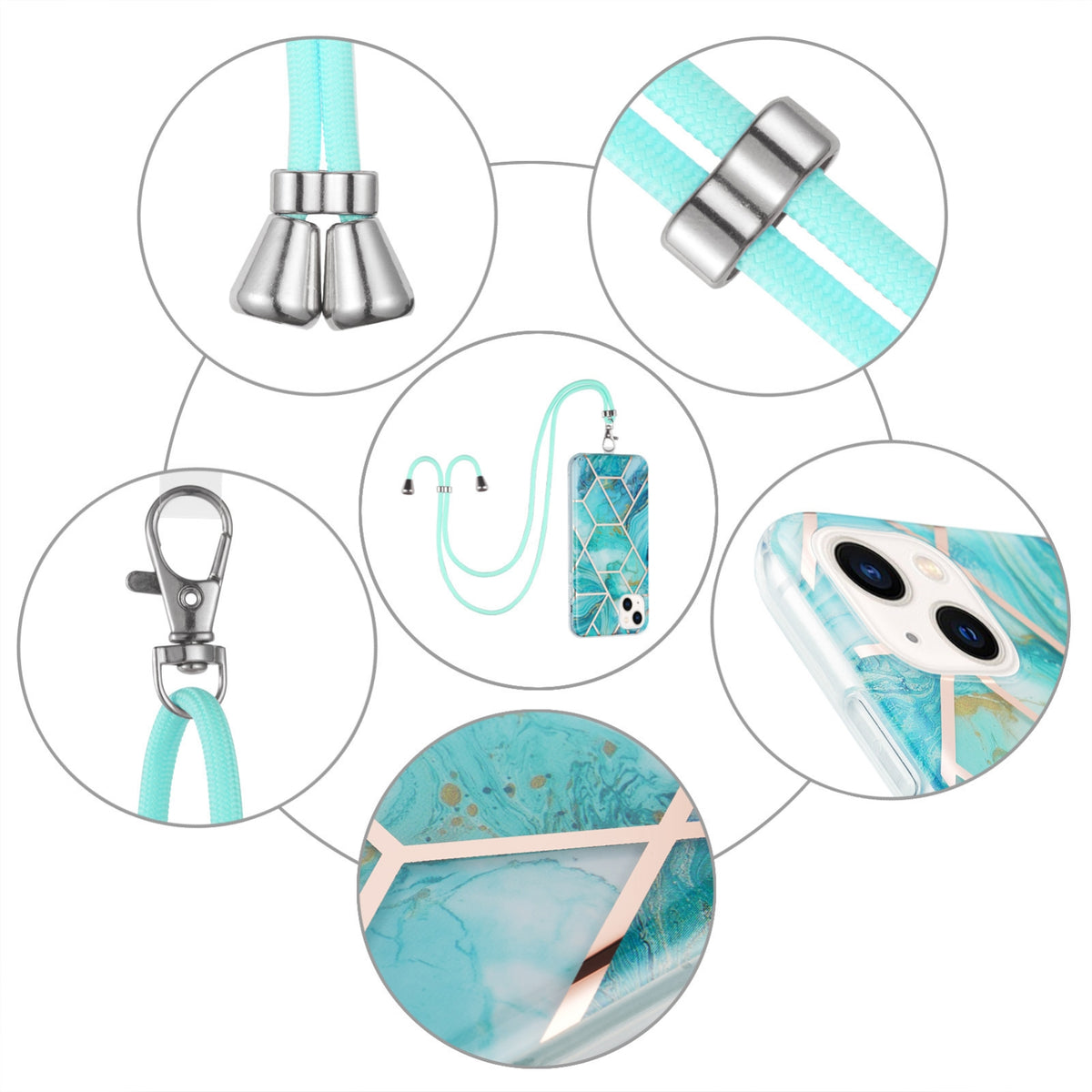 ELECTROPRIME For iPhone 15 Electroplating Splicing Marble Pattern IMD TPU Shockproof Case with Neck Lanyard(Blue)