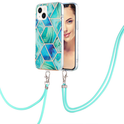 ELECTROPRIME For iPhone 15 Electroplating Splicing Marble Pattern IMD TPU Shockproof Case with Neck Lanyard(Green)