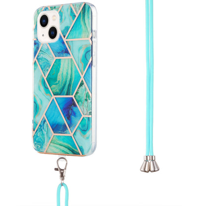 ELECTROPRIME For iPhone 15 Electroplating Splicing Marble Pattern IMD TPU Shockproof Case with Neck Lanyard(Green)