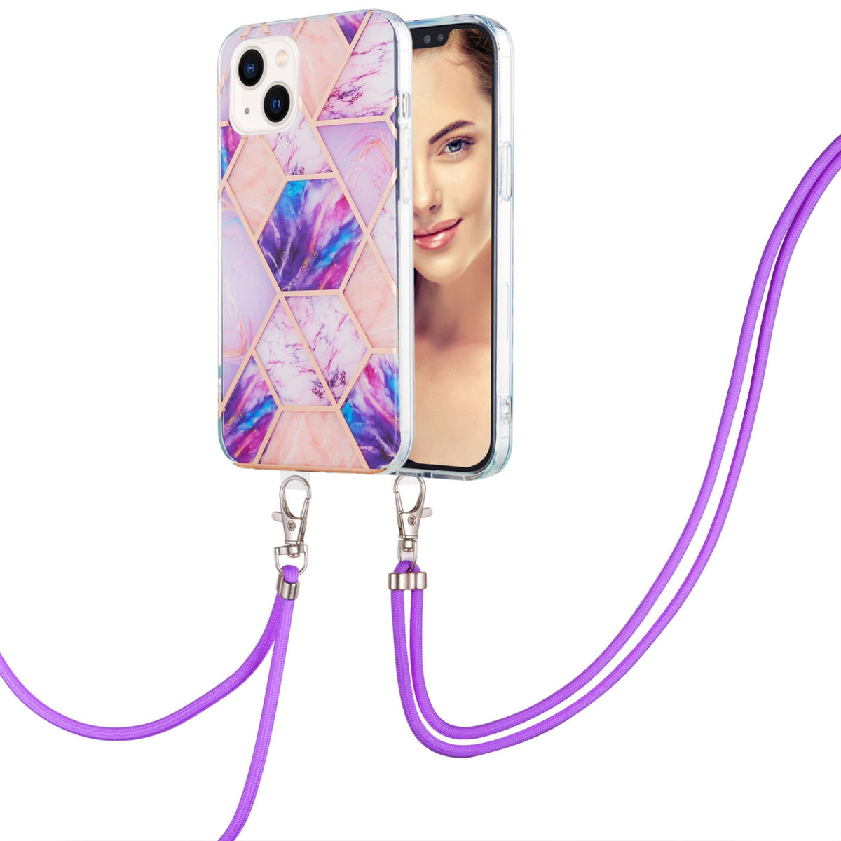 ELECTROPRIME For iPhone 15 Electroplating Splicing Marble Pattern IMD TPU Shockproof Case with Neck Lanyard(Light Purple)