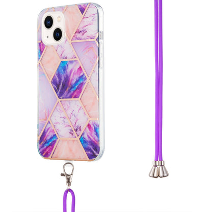 ELECTROPRIME For iPhone 15 Electroplating Splicing Marble Pattern IMD TPU Shockproof Case with Neck Lanyard(Light Purple)