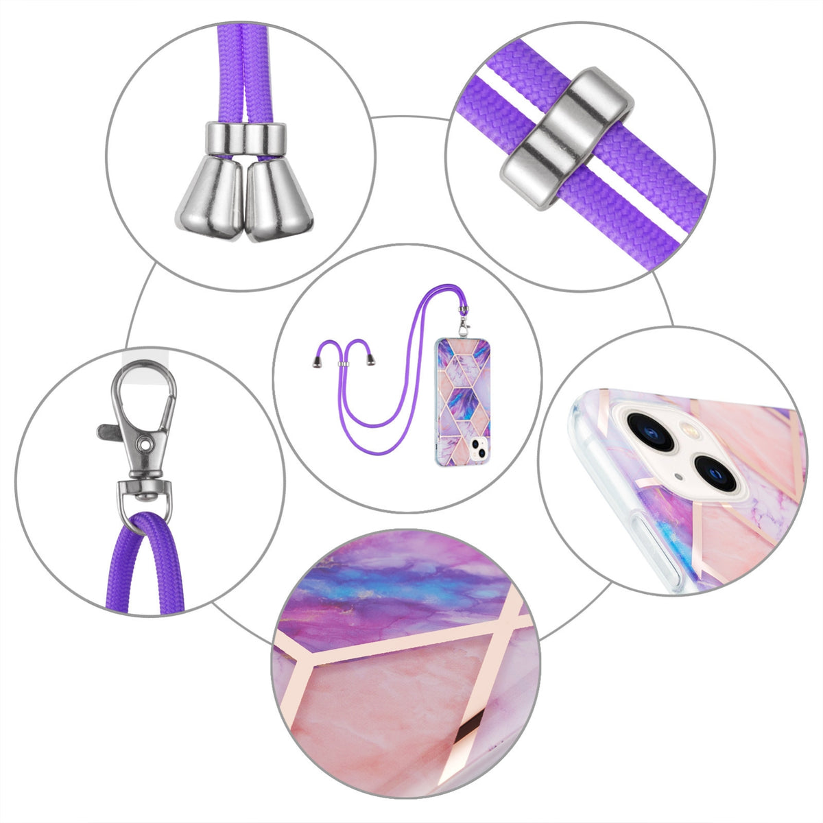 ELECTROPRIME For iPhone 15 Electroplating Splicing Marble Pattern IMD TPU Shockproof Case with Neck Lanyard(Light Purple)