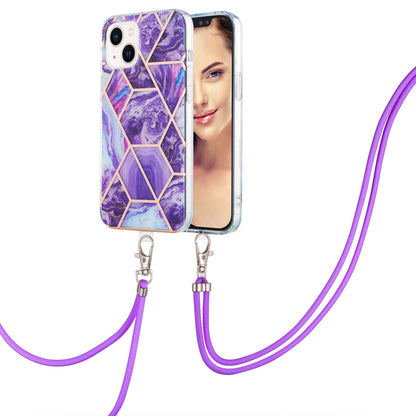ELECTROPRIME For iPhone 15 Electroplating Splicing Marble Pattern IMD TPU Shockproof Case with Neck Lanyard(Dark Purple)