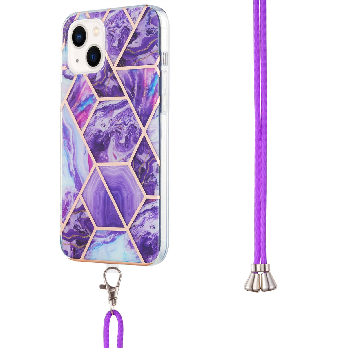 ELECTROPRIME For iPhone 15 Electroplating Splicing Marble Pattern IMD TPU Shockproof Case with Neck Lanyard(Dark Purple)