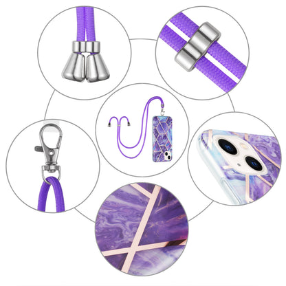 ELECTROPRIME For iPhone 15 Electroplating Splicing Marble Pattern IMD TPU Shockproof Case with Neck Lanyard(Dark Purple)