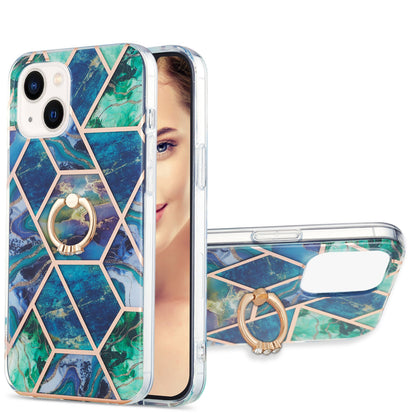ELECTROPRIME For iPhone 15 Electroplating Splicing Marble Pattern IMD TPU Shockproof Case with Ring Holder(Blue Green)